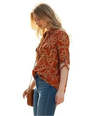 J. McLaughlin Silk Blend Regal Geometric Button-Down 3/4 Tab Sleeve Top Shirt S